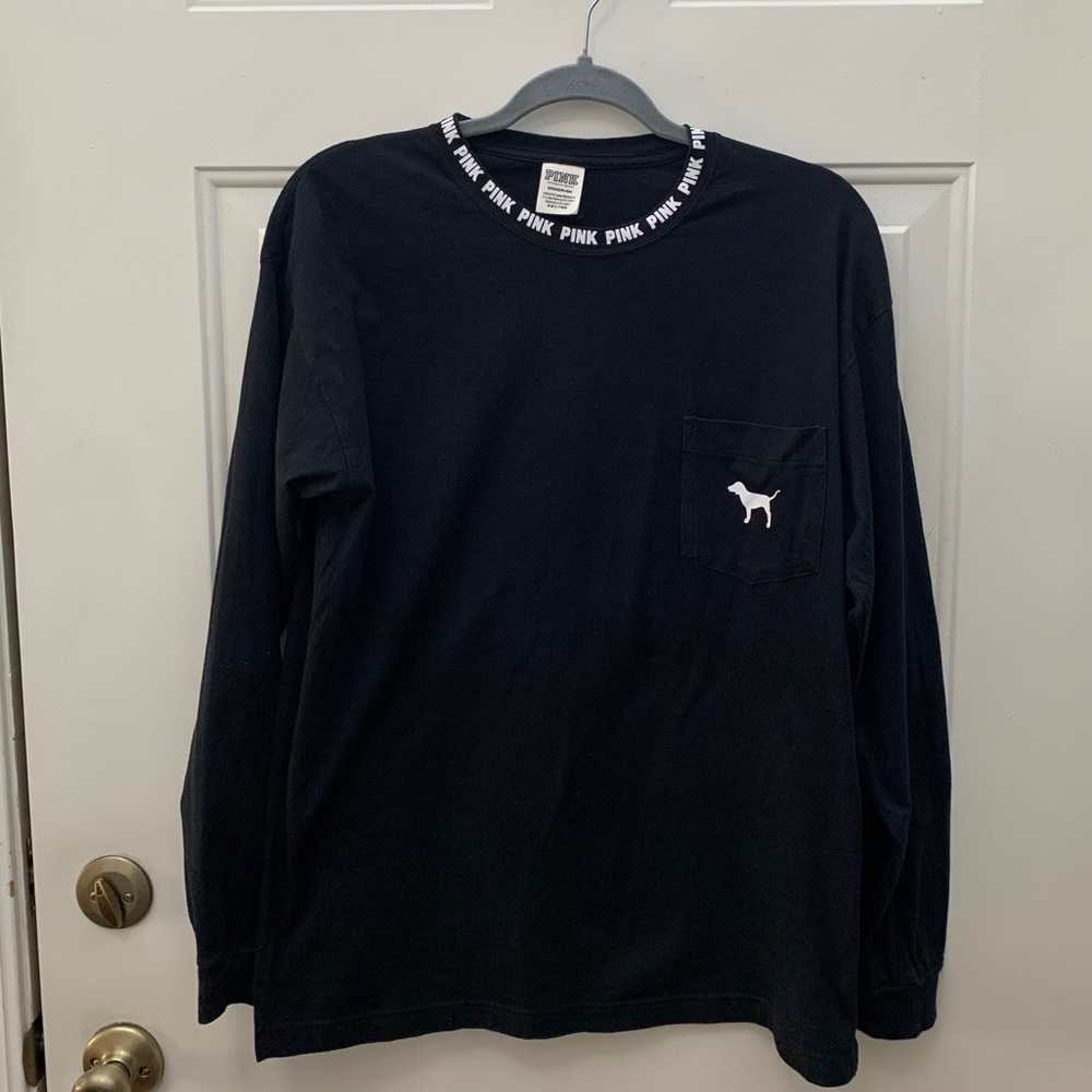 PINK 
Black Long Sleeve Tee with Pink Logo
Size: Small
Color: Black & White